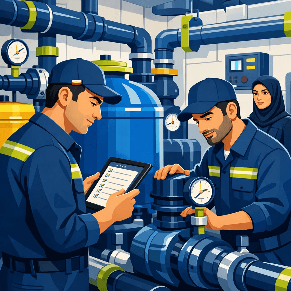 تصویر انیمیشنی تیم تأسیسات در حال بررسی موتورخانه یا تاسیسات استخر در پروژه تجاری