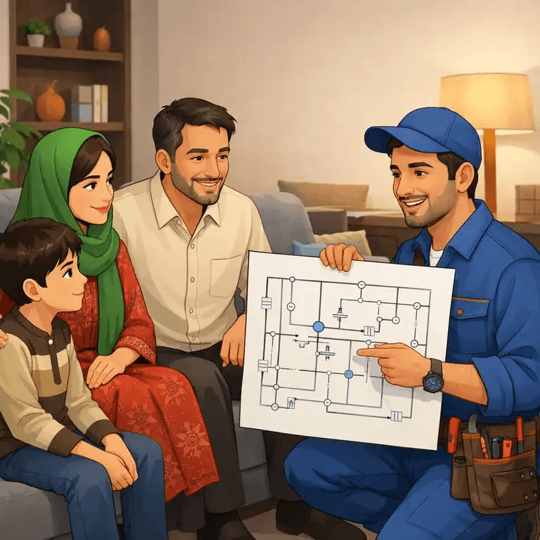 تصویر انیمیشنی برقکار ایرانی با لباس کار سرمهای در حال بررسی تابلو برق ساختمان در کرج