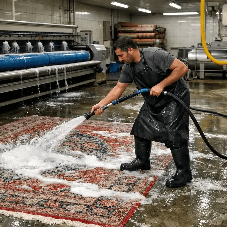 تیم متخصص قالیشویی و مبلشویی ایرانی در حال شستشوی حرفه‌ای فرش در کارگاه مجهز در تهران