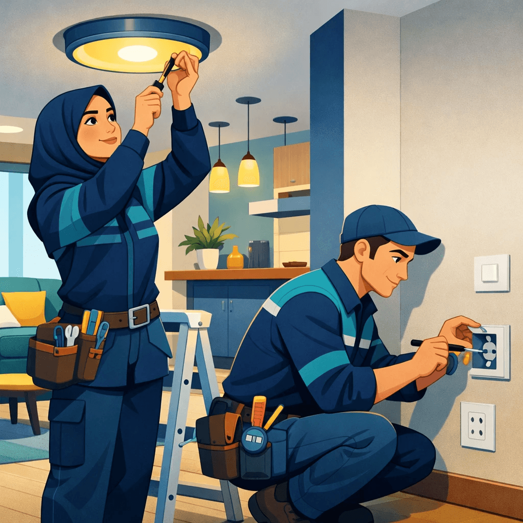 تصویر انیمیشنی نصب روشنایی، کلید و پریز در ساختمان مسکونی